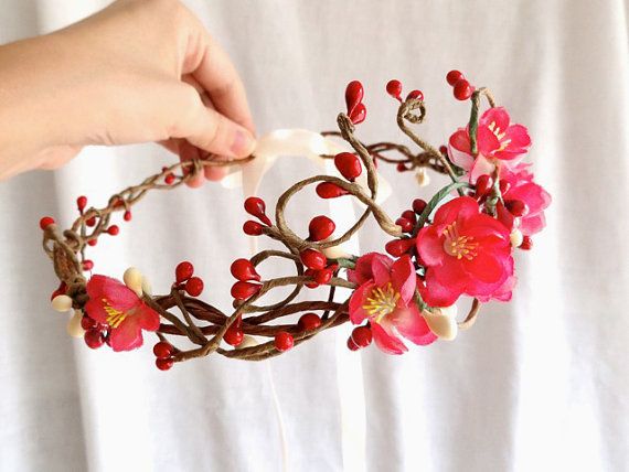 Mariage - Red And Pink Cherry Blossom Circlet - GALWAY GIRL - Flower Girl, Bridal Head Wreath