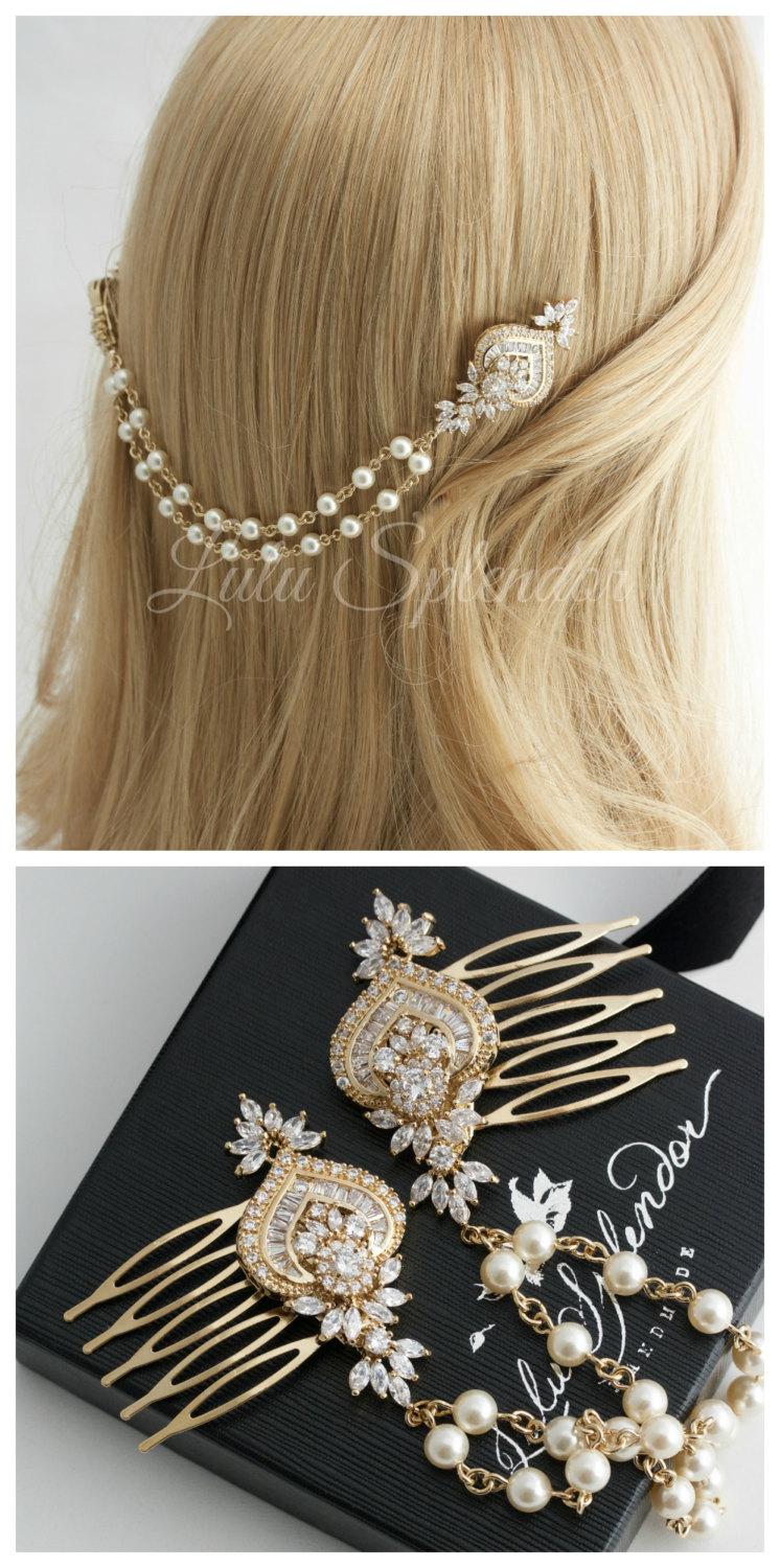 Mariage - Gold Wedding Headpiece Gold Crystal Hair Chain Bridal Hair Comb Swarovski Crystal Pearl Boho Bridal Hair Accessory EVIE