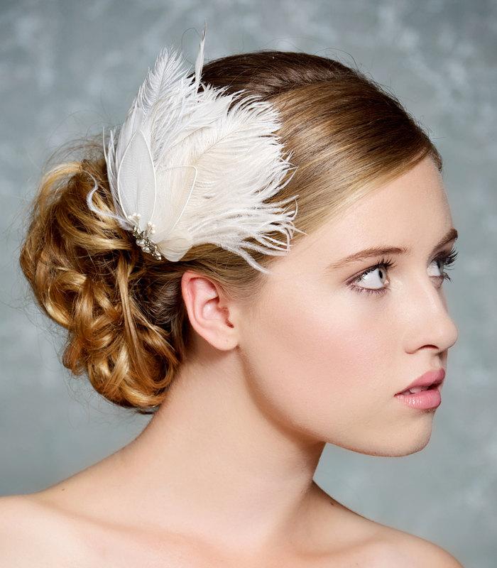 Hochzeit - Fascinator, Bridal Fascinator, Ivory Feather Fascinator, Head Piece, Wedding Hair Accessories, Wedding Hair Piece - Made to Order - MARION