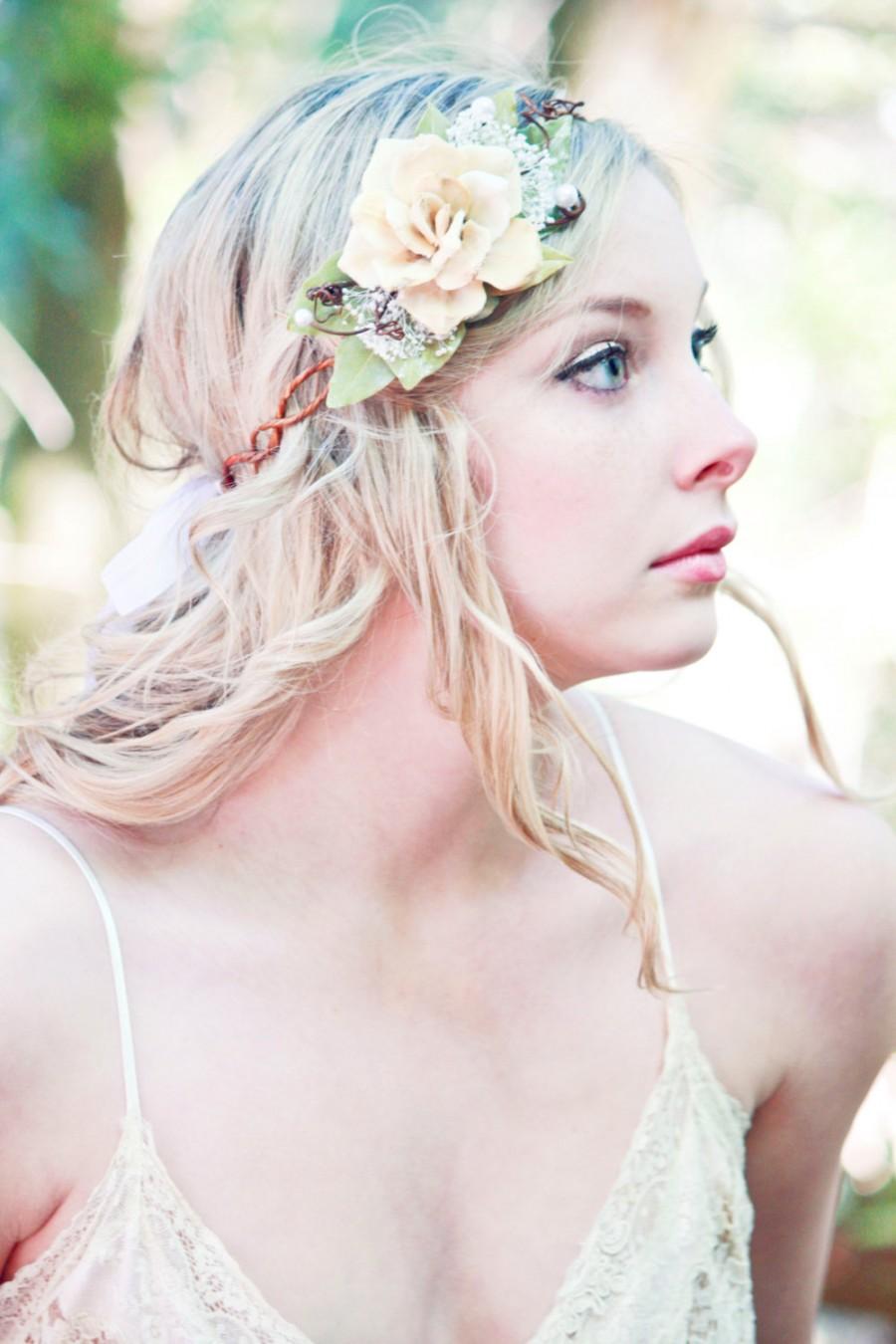 زفاف - natural bridal crown, bridalhead piece, wedding headpiece, natural hair crown, natural pinecone rose floral hair crown 'Take my breath away'