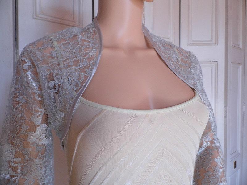 Hochzeit - Silver lace three-quarter length sleeved bolero/shrug/jacket  with satin edging