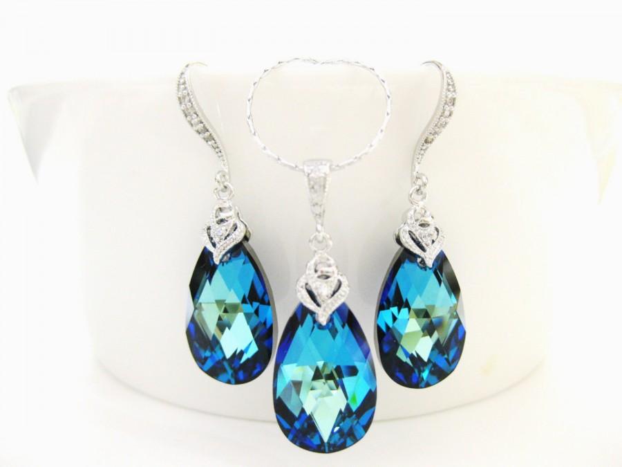 Свадьба - Bermuda Blue Earrings Swarovski Crystal Teadrop Earrings & Necklace Gift Set Wedding Jewelry Bridesmaid Gift Bridal Earrings (NE043)