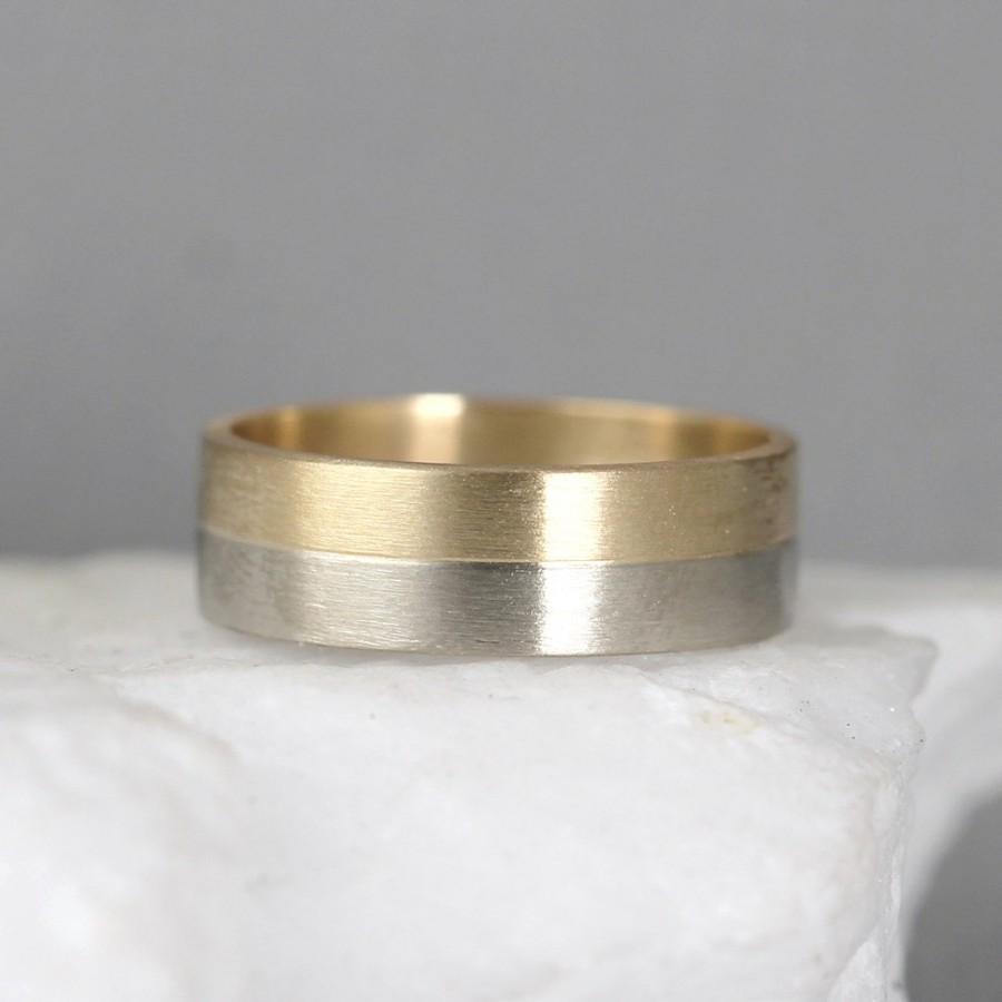 Hochzeit - Yellow & White Gold Wedding Band - 14K Gold Mens or Ladies Wedding Bands - Matte Finish - Commitment Rings - 2 Tone Bands - Wedding Ring