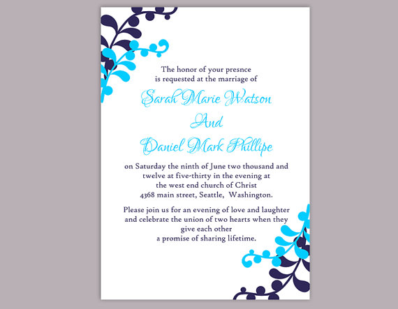 Wedding - DIY Wedding Invitation Template Editable Word File Instant Download Printable Leaf Invitation Blue Invitations Elegant Navy Blue Invitation