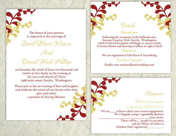 Wedding - DIY Wedding Invitation Template Set Editable Word File Instant Download Printable Invitation Green Wedding Invitation Elegant Red Invitation