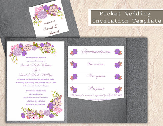 Wedding - Pocket Wedding Invitation Template Set DIY Instant Download EDITABLE Word File Printable Floral Invitation Purple Wedding Invitation