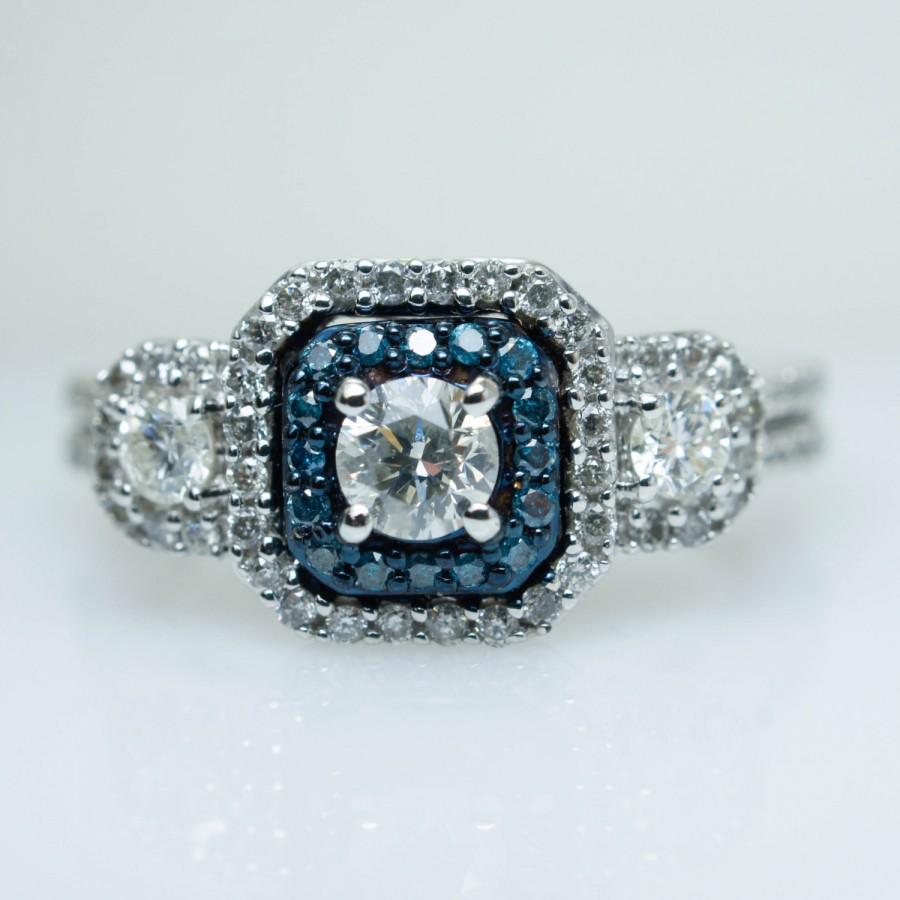 Mariage - 3 Stone Blue Diamond Square Halo Engagement Ring 10k White Gold Blue Halo Three Stone Diamond Engagement Ring Vintage Style