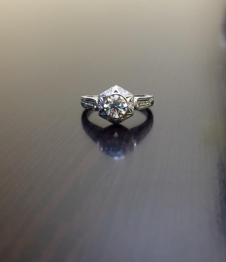 Wedding - Platinum Diamond Engagement Ring - Art Deco Engraved Platinum Diamond Wedding Ring - Art Deco Ring - Platinum Ring - Diamond Ring - Bridal