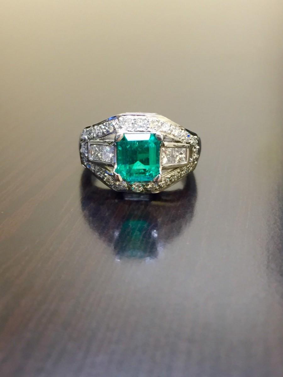 Hochzeit - Emerald Engagement Ring - Platinum Diamond Emerald Wedding Ring - Art Deco Emerald Ring - Platinum Ring - Diamond Ring - Colombian Emerald