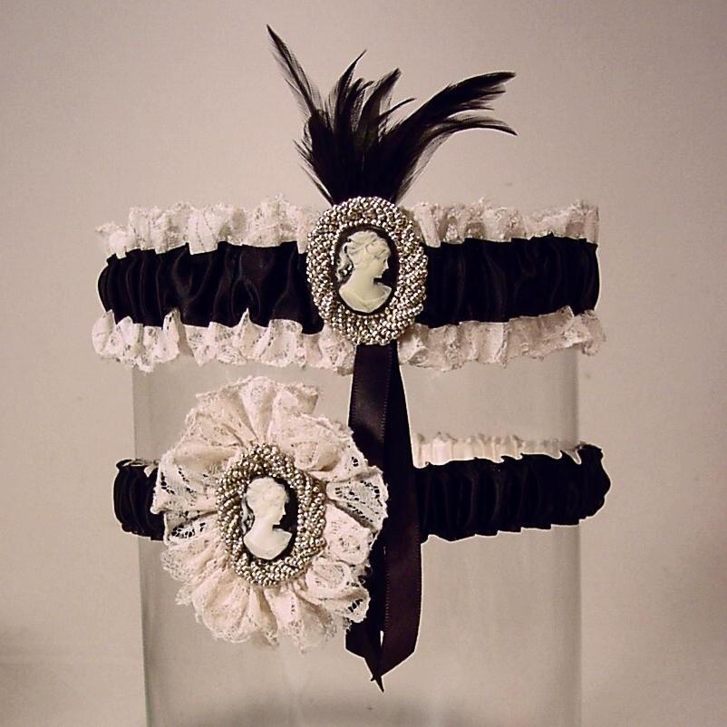 Wedding - Wedding garer set Lady Lydia Cameo  Vintage  Lace black and Ivory