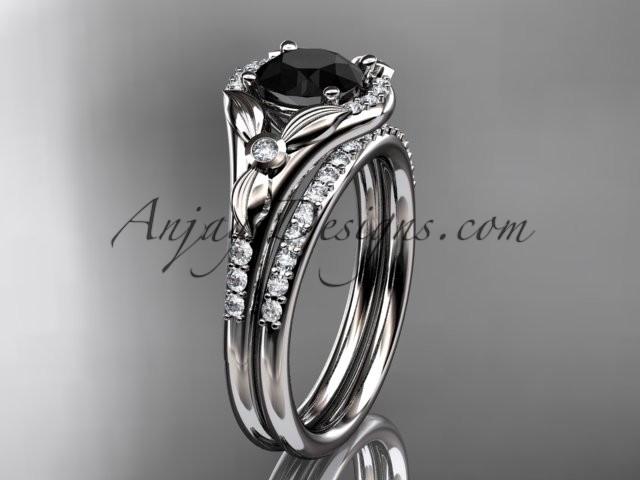 زفاف - 14kt white gold diamond floral wedding ring, engagement set with a Black Diamond center stone ADLR126S