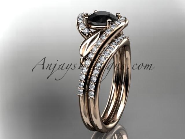 زفاف - 14k rose gold diamond leaf and vine wedding ring, engagement set with a Black Diamond center stone ADLR317S