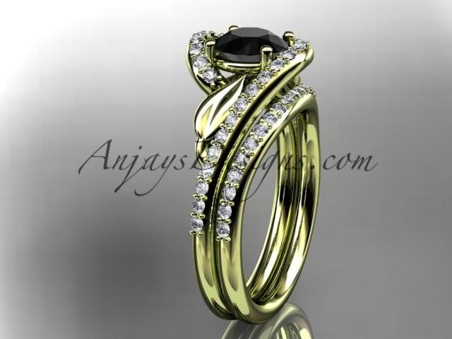 Wedding - 14k yellow gold diamond leaf and vine wedding ring, engagement set with a Black Diamond center stone ADLR317S