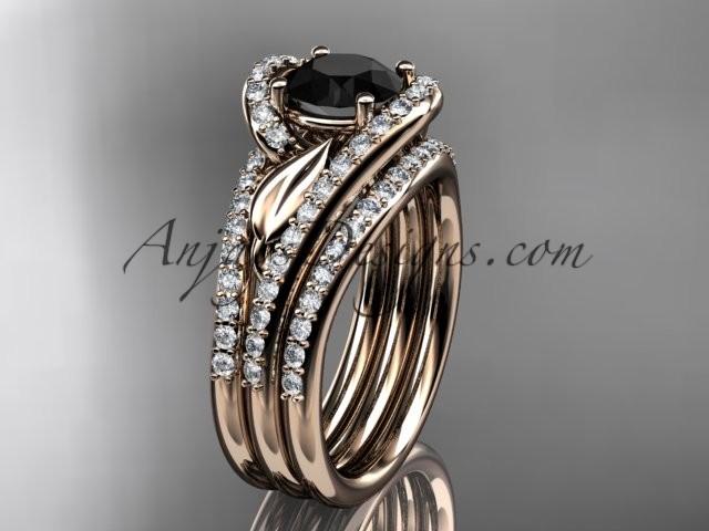 زفاف - 14k rose gold diamond leaf wedding ring with a Black Diamond Moissanite center stone and double matching band ADLR317S