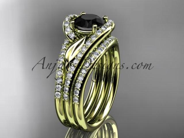 زفاف - 14k yellow gold diamond leaf wedding ring with a Black Diamond Moissanite center stone and double matching band ADLR317S