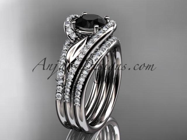 زفاف - platinum diamond leaf wedding ring with a Black Diamond center stone and double matching band ADLR317S