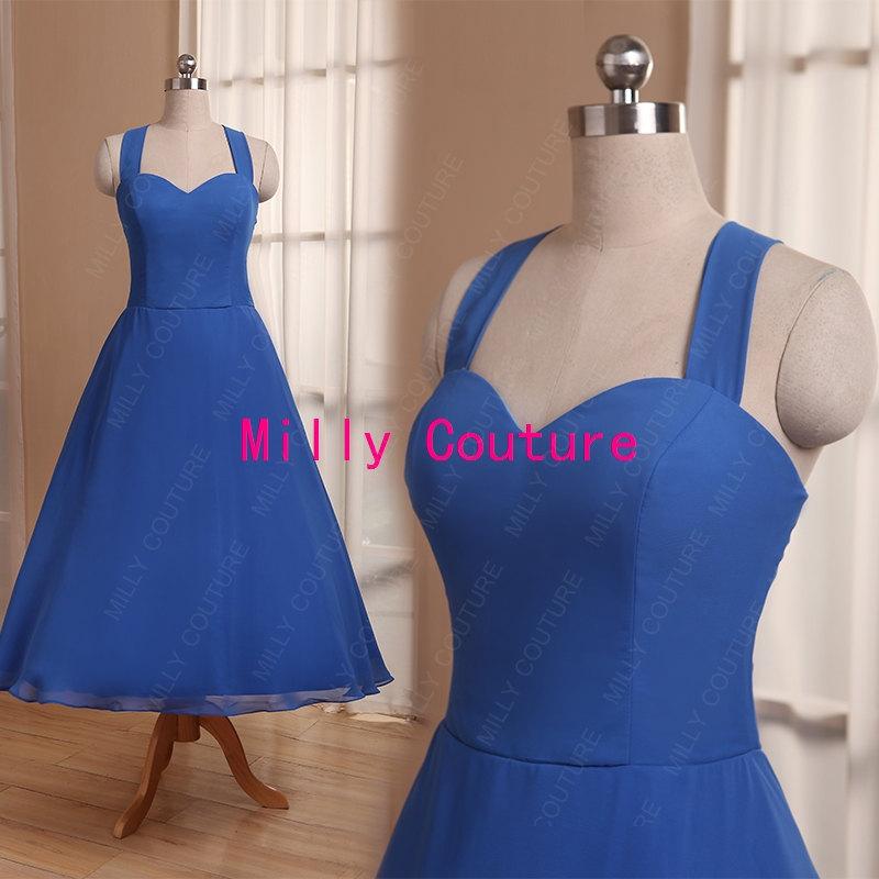 Mariage - Royal blue halter chiffon bridesmaid dress tea length, vintage 1950s bridesmaid dress, short bridesmaid dress,50s pinup bridesmaid dress