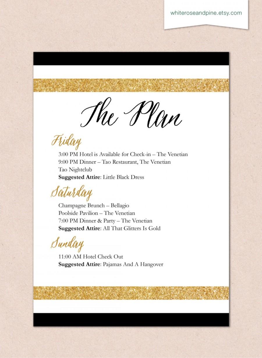 Wedding - printable bachelorette party plan itinerary black and white stripes gold glitter wedding digital diy customizable personalized