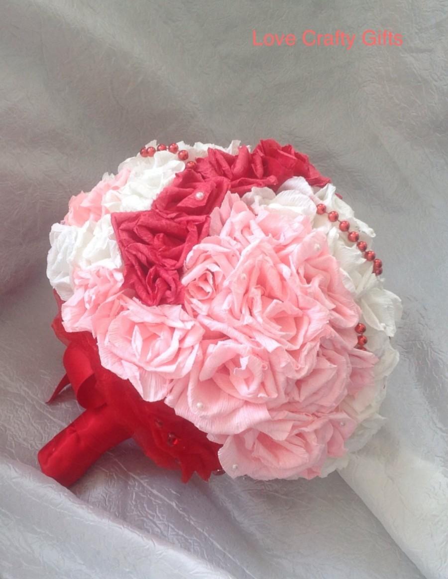 Hochzeit - PAPER WEDDING BOUQUET, crepe paper bouquet, paper roses wedding bouquet, red light pink and white with beads, extra large