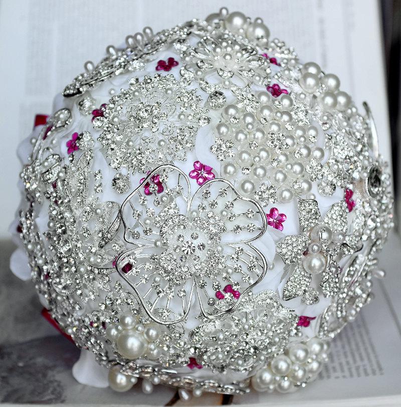 Hochzeit - Vintage Bridal Brooch Bouquet Pearl Rhinestone Crystal Silver Fuchsia Hot Pink White One Day RUSH ORDER Available BB004LX
