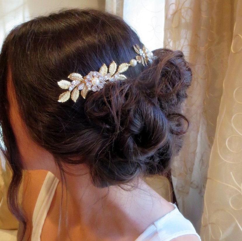 زفاف - Bridal headpiece, Gold Wedding headpiece, Bridal hair combs, Gold leaf hair comb, Vintage style headpiece, Swarovski crystal hair comb