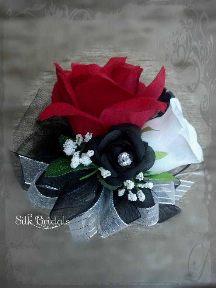 Hochzeit - Red black white Roses WRIST Corsage Wedding Bridal flowers mother grandmother