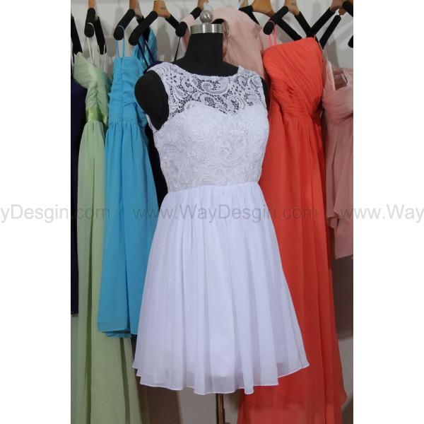 زفاف - Chiffon & Lace Bridesmaid Dress, A-line Straps Scoop Short Lace/ Chiffon Bridesmaid Dress
