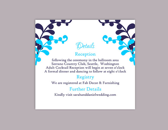 Hochzeit - DIY Wedding Details Card Template Editable Text Word File Download Printable Details Card Navy Blue Turquoise Details Card Information Cards