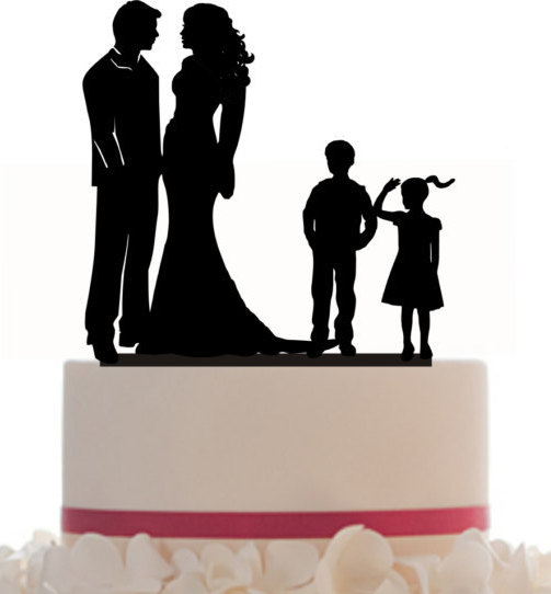 زفاف - Custom Wedding Cake Topper , Couple Silhouette and any kid silhouette of your choise UP to 3 kids with free base for display.after the event