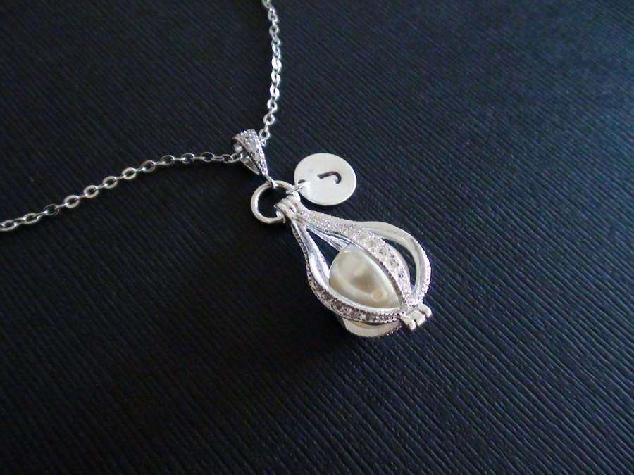 Свадьба - Sale-Personalized Initial Coin Disc, Teardrop Pearl Cage Locket Pendant With Bail- White Gold Plated Necklace
