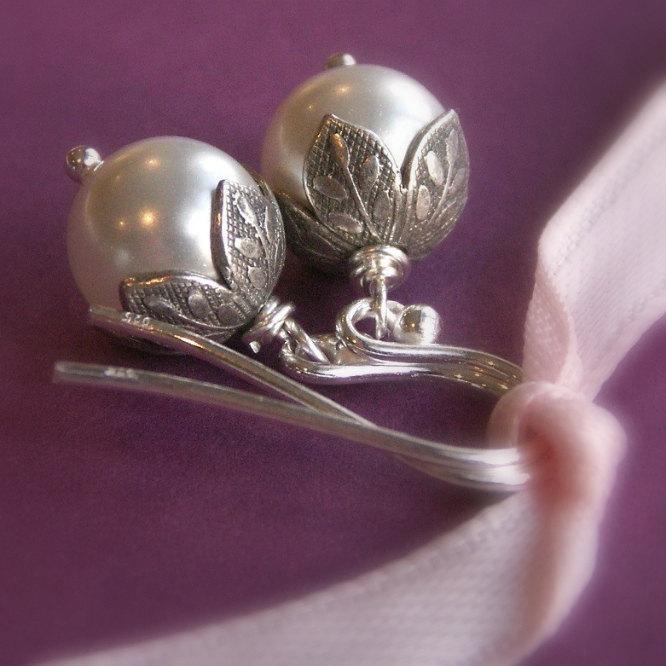 Wedding - Flower bud pearl earrings, Swarovski Crystal pearls, leaf bead caps, solid sterling silver earrings, small dangle