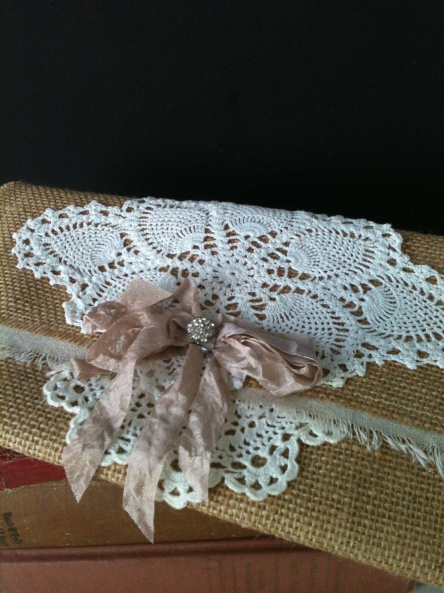 Mariage - Burlap and Vintage doily Clutch with Vintage jewel