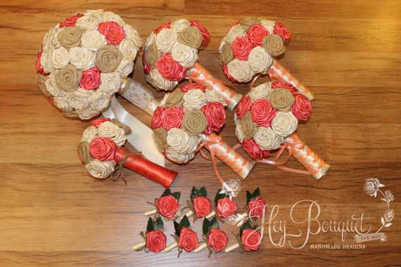 زفاف - Coral, Ivory, & Burlap Bouquet Package, DEPOSIT, CUSTOM MADE, Coral Bouquet, Burlap Bouquet, Rustic Theme, Country Theme, Farmhouse Theme