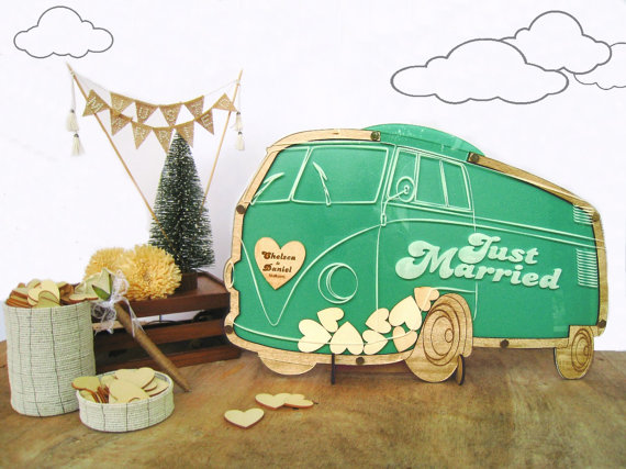 Wedding - VW Camper Van Wedding Guest Book Alternatives Drop Top Wooden Hearts Personalized Vintage Mint Green Volkswagen Camper Anniversary Party