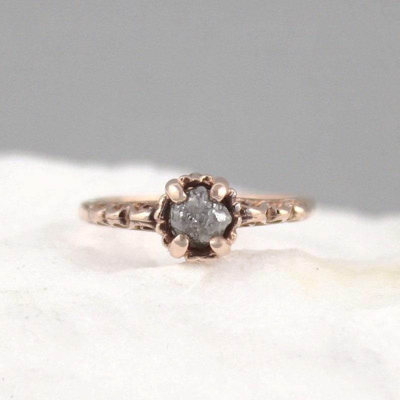 زفاف - 14K Rose Gold Raw Diamond Ring - Antique Styled Engagement Ring - April Birthstone Rings - Conflict Free Uncut Rough Raw Gemstone Rings