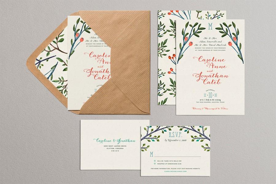 زفاف - Christmas Wedding Invitations, Pine Branches and Holly Wedding Invite, Printable Winter Wedding Invites