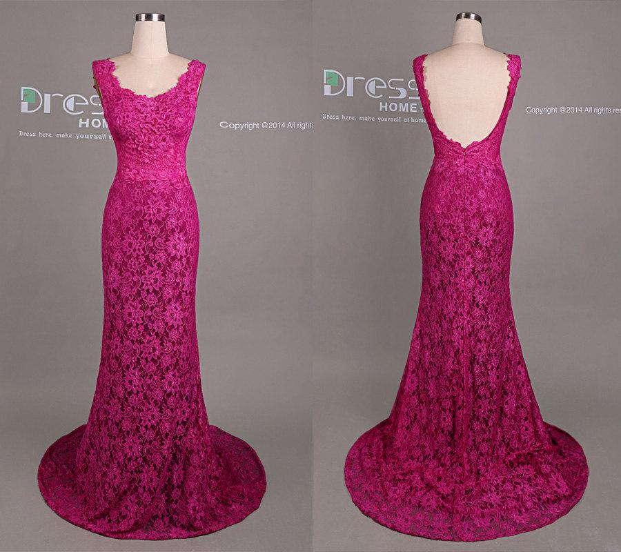Mariage - Gorgeous Fuchsia Lace Mermaid Prom Dress/Long Lace Evening Gown/Mermaid Lace Wedding Dress/Evening Dress/Fuchsia Lace Prom Dress  DH480