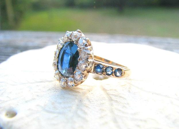 زفاف - Lovely Sapphire Diamond Halo Ring, appr 1.42 ctw, Sparkling Old European Diamonds, Deep Blue Sapphire, 14K Rose Gold, Edwardian to Art Deco