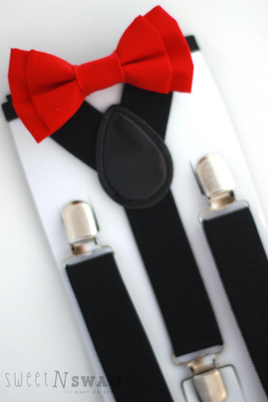 Свадьба - SUSPENDER & BOWTIE SET.  Black suspenders. Red bow tie. Newborn - Adult sizes.