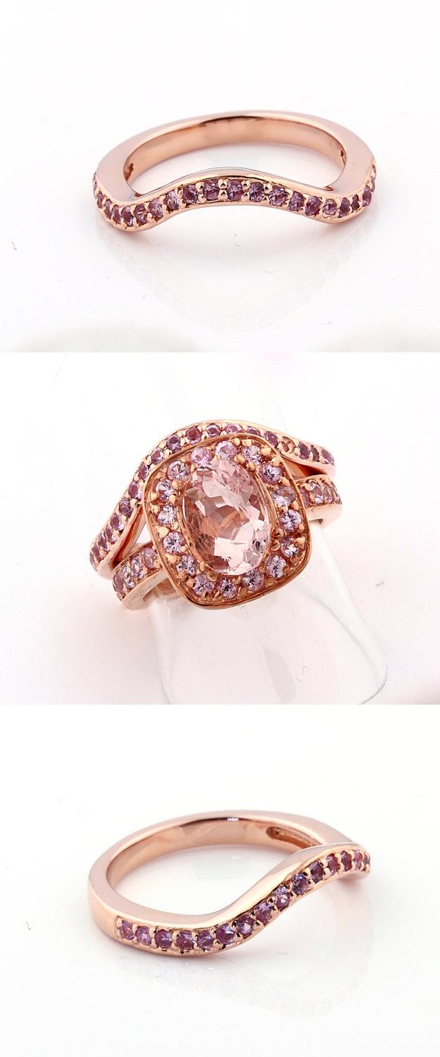 زفاف - Natural AAA  Morganite Solid 14K Rose Gold pink sapphire engagement Bridal Ring set