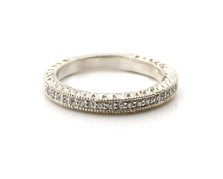 زفاف - Natural Diamond  Sculptural Antique style Wedding Band Ring 14k White Gold--- Gem918