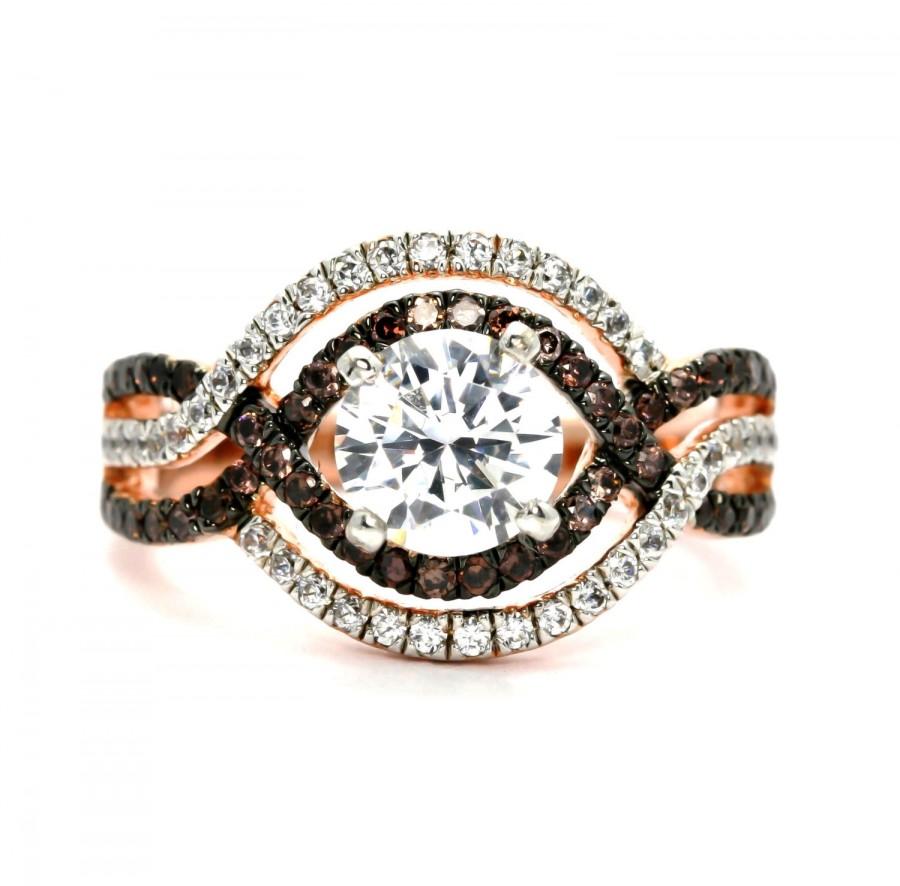 Hochzeit - Unique Halo Infinity Rose Gold, White & Chocolate Brown Diamonds Engagement Ring, Anniversary Ring With 1 Carat Forever Brilliant Moissanite