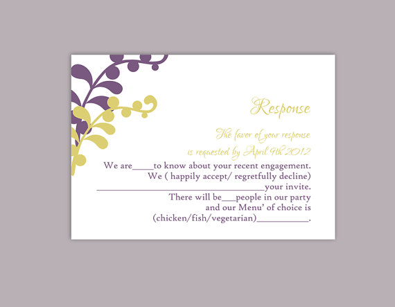 Mariage - DIY Wedding RSVP Template Editable Text Word File Download Printable RSVP Cards Leaf Rsvp Violet Rsvp Card Template Olive Green Rsvp Card