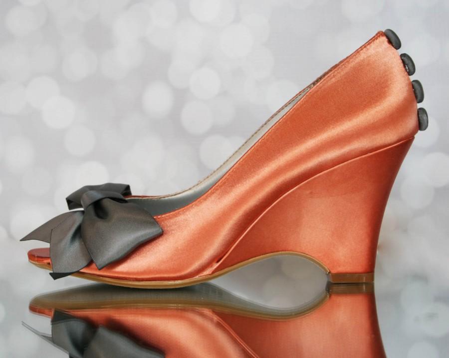 Hochzeit - Orange Wedding Shoes -- Burnt Orange Peep Toe Wedges with Charcoal Bow on Toe and Matching Charcoal Buttons