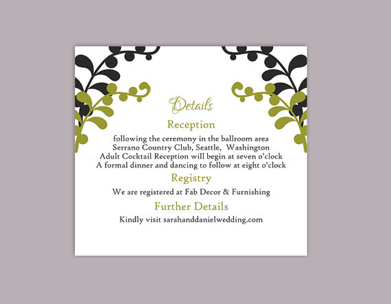 Hochzeit - DIY Wedding Details Card Template Editable Text Word File Download Printable Details Card Black Details Card Olive Green Enclosure Cards