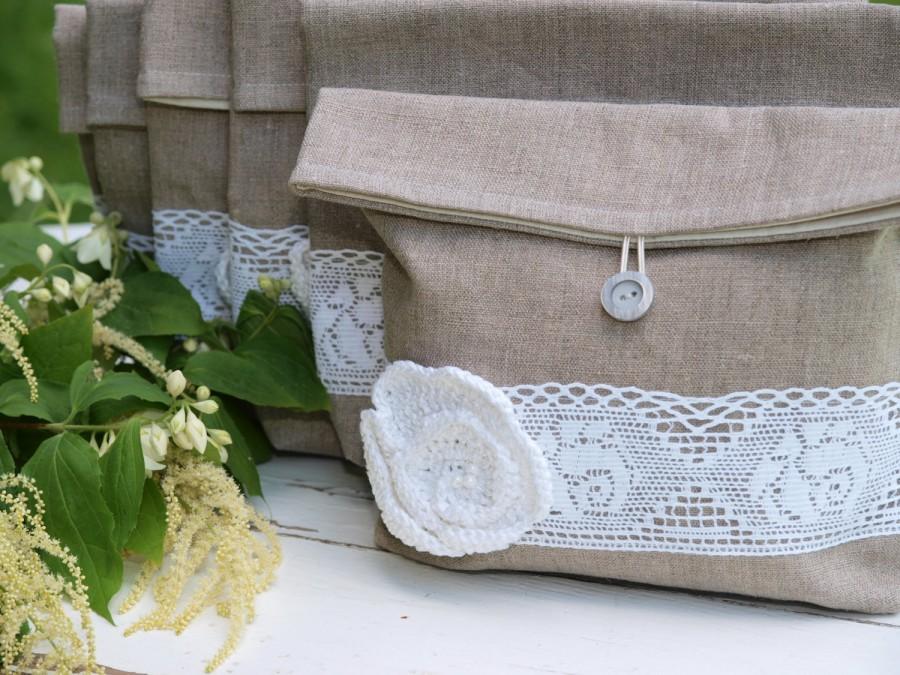 زفاف - Set of 6 Natural Linen Pouches Linen  Pouches  Clutches for Bridesmaids    Clutches with White cotton Flower