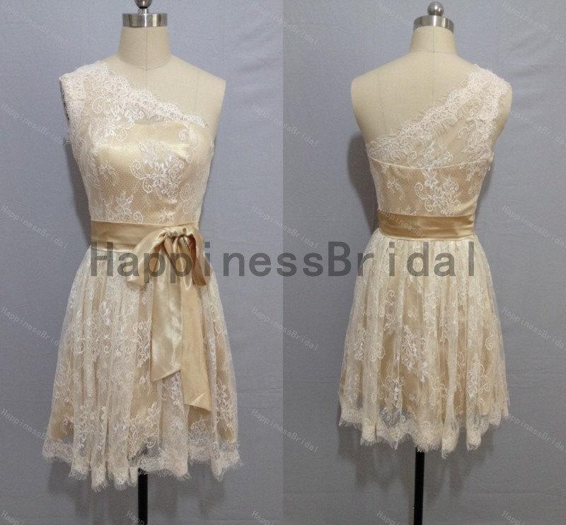 Свадьба - lace formal dress,short prom dress ,one-shoulder lace prom dress with sash,short evening dress,hot sales dress,formal evening dress 2014