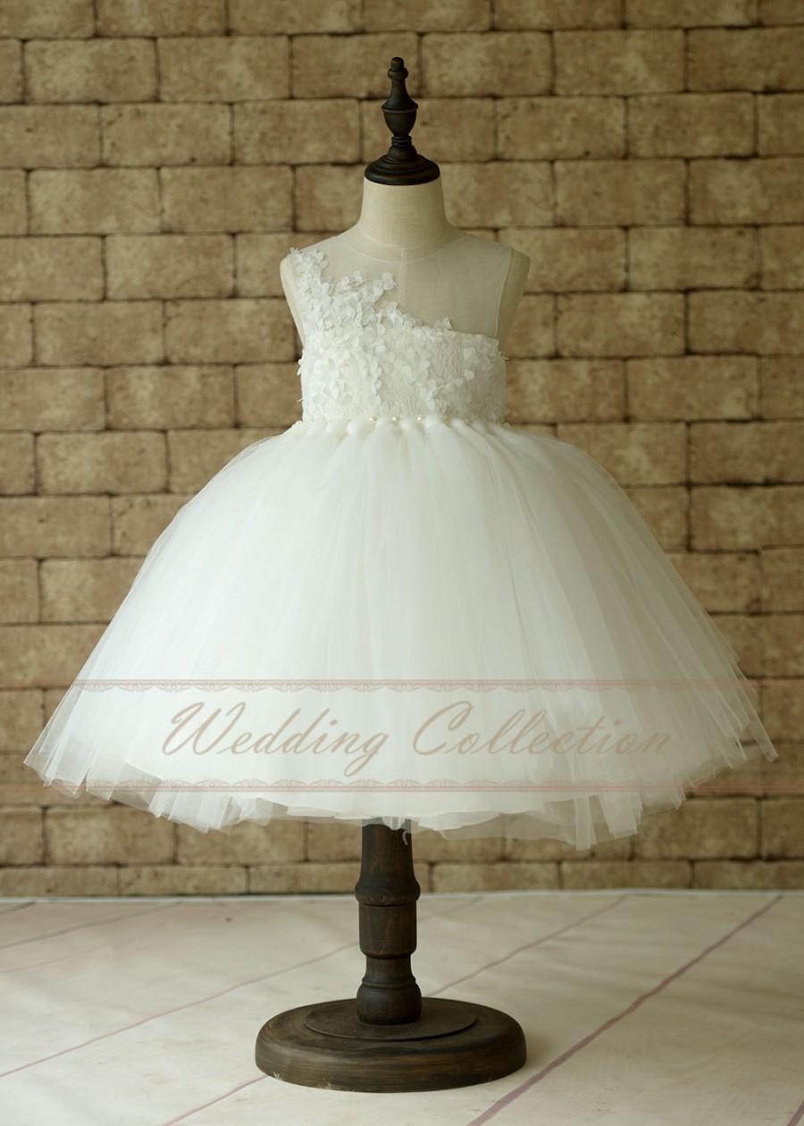 زفاف - Girls Ivory Tutu Dress, Lace Tulle Flower Girl Dress ,Tulle Dress Birthday Dress Toddler Tutu Dress