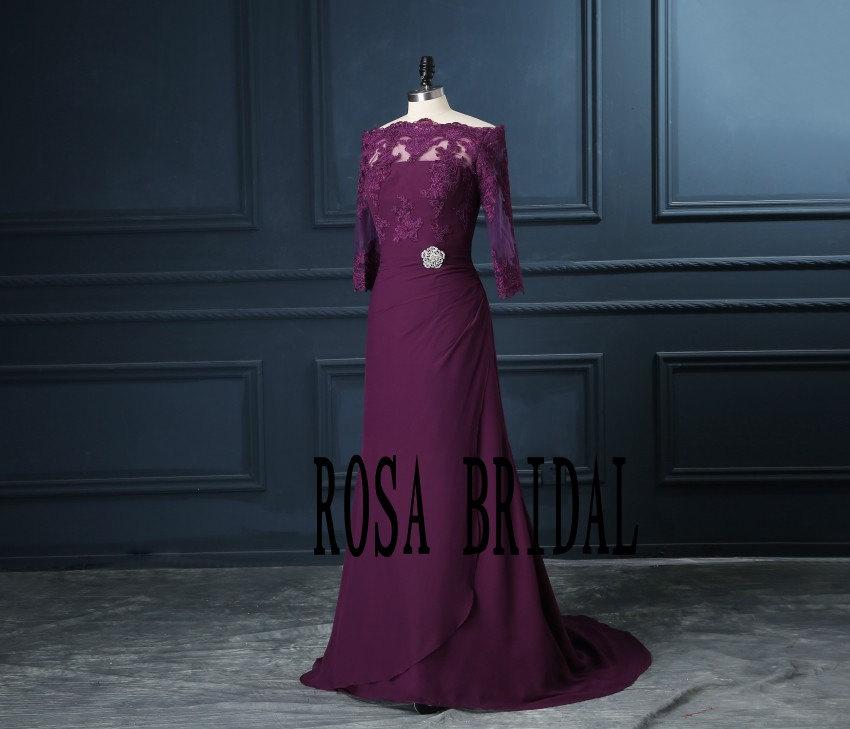 زفاف - Long Chiffon Mother of the Bride Dress, Formal dress with 3/4 sleeves, purple bride mother dress Custom Size Color