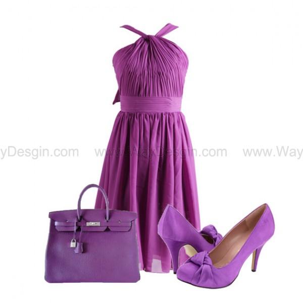 زفاف - Wedding Party Dress PurpleHalter Chiffon Bridesmaid Dress/Prom Dress Knee Length Short Dress